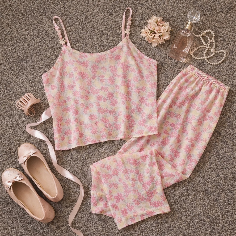 Vintage Josie by Natori Sheer Pink Floral Cami & Pants Set | Y2K Coquette | M